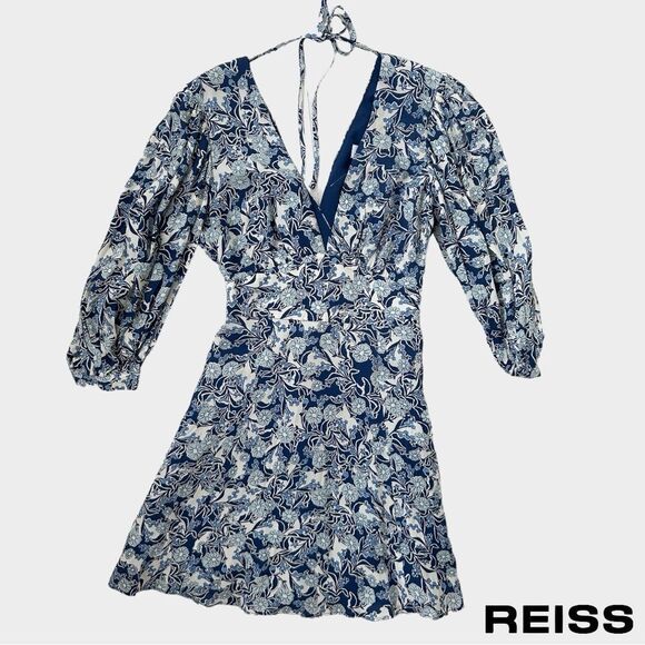 Reiss Blue Daisy Floral Print Puff Sleeve Mini Dress - Picture 9 of 9